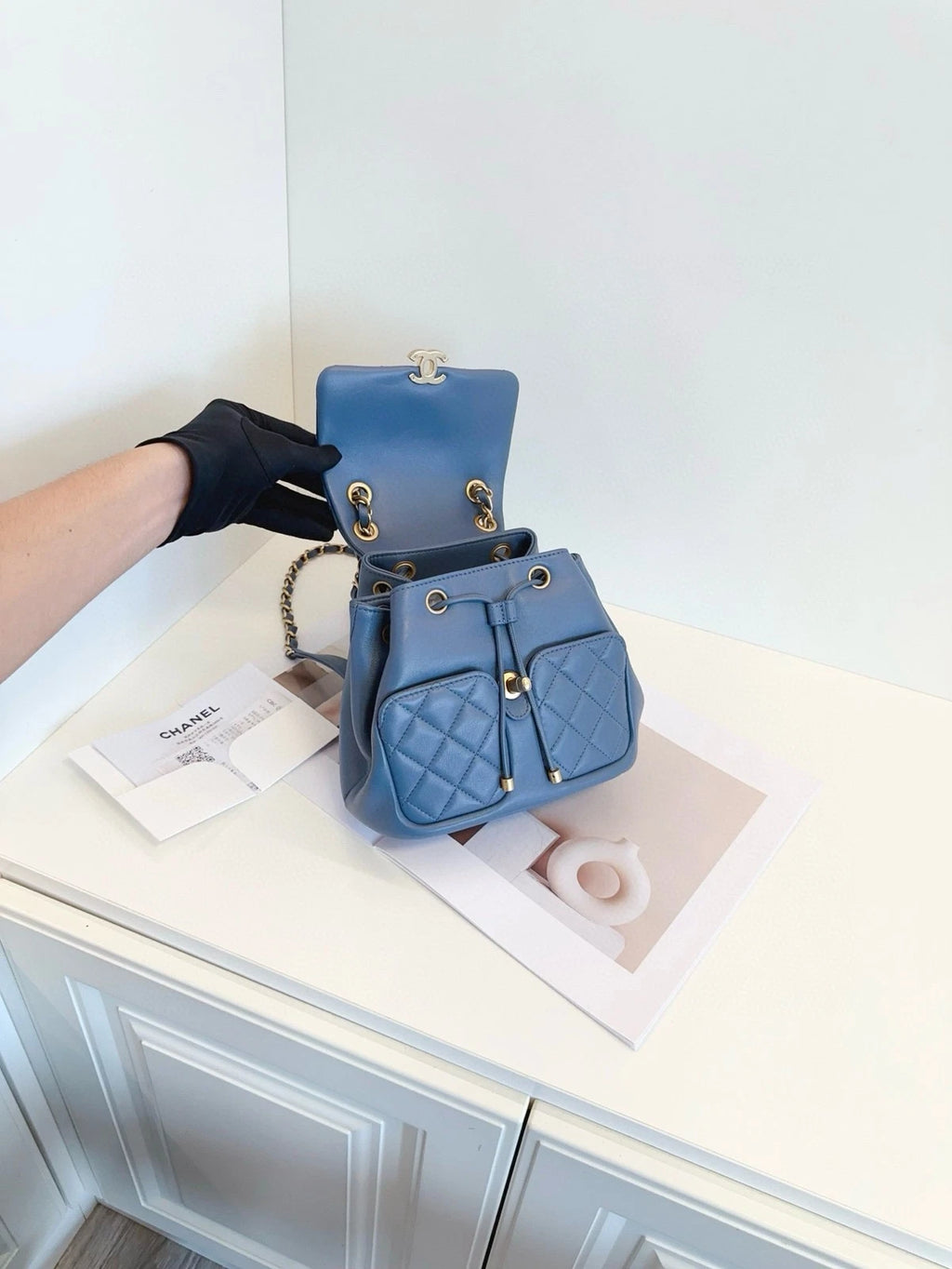 CHANEL Dusty Blue Gold Chain Backpack For Women