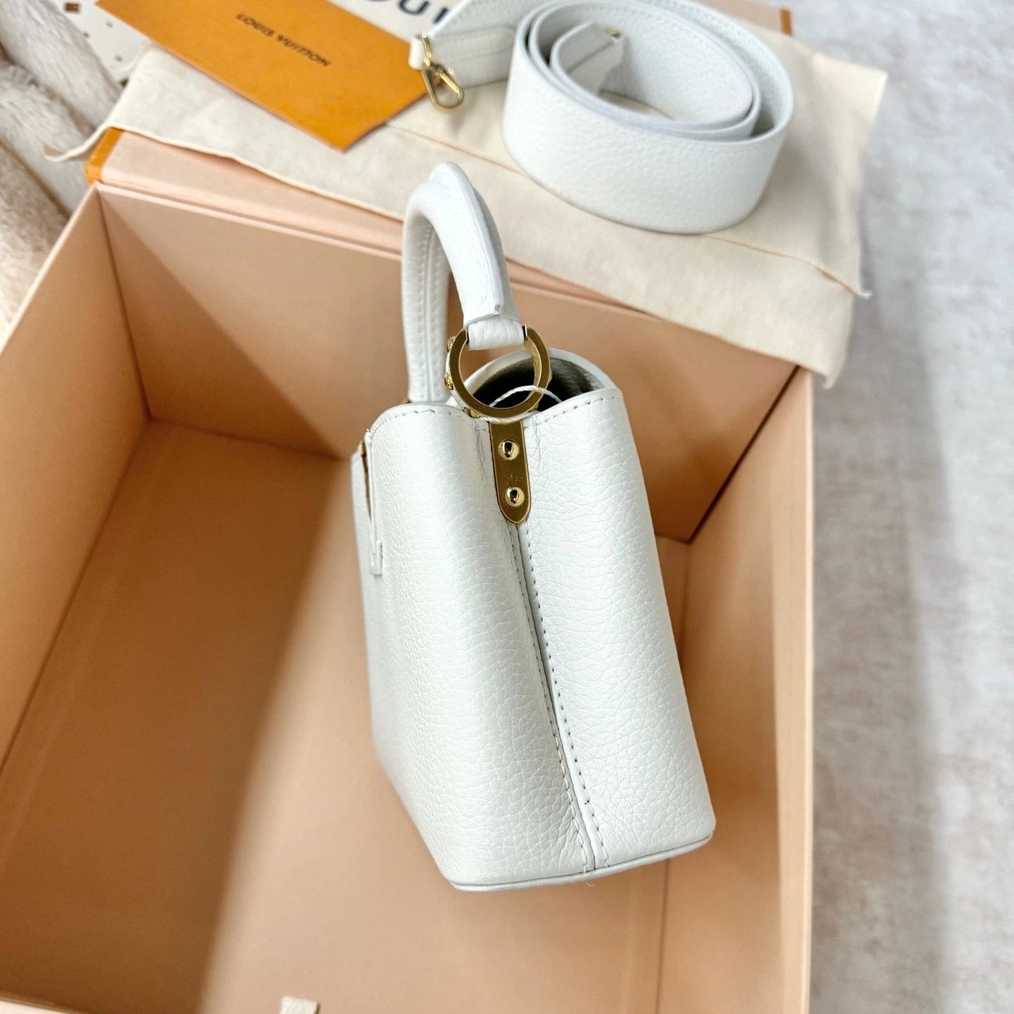 New Louis Vuitton Calfskin Capucines Mini Bag For Women White Gold