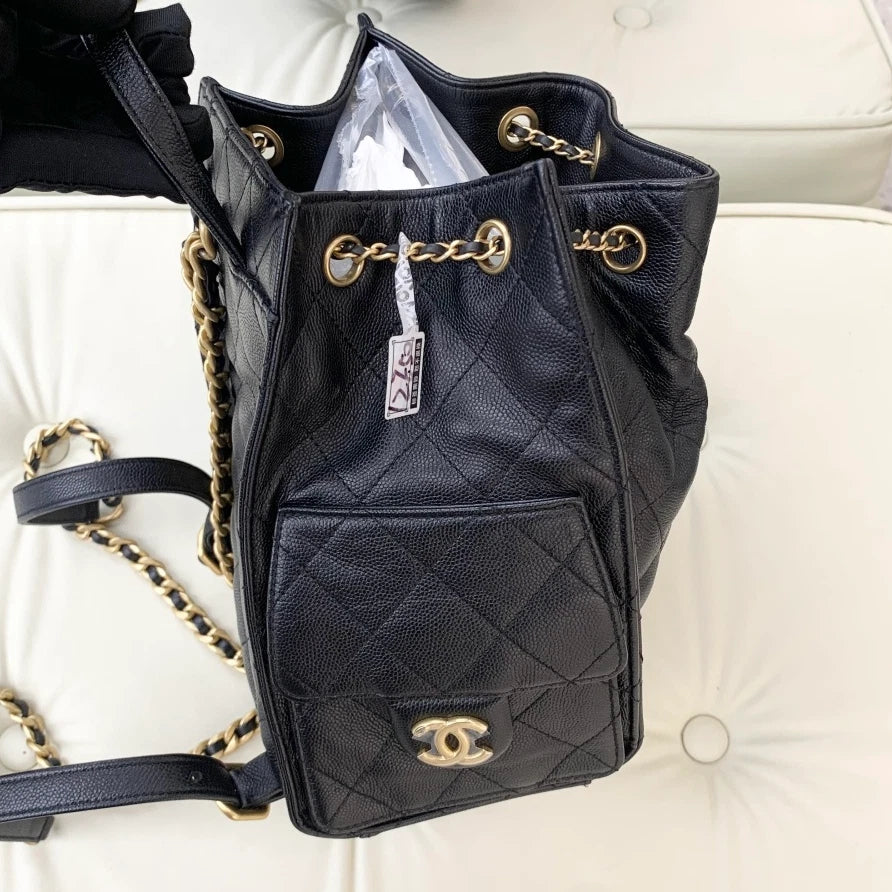 Chanel Calfskin Backpack PM Diamond Chain Top Handle Bag Black Gold Women S
