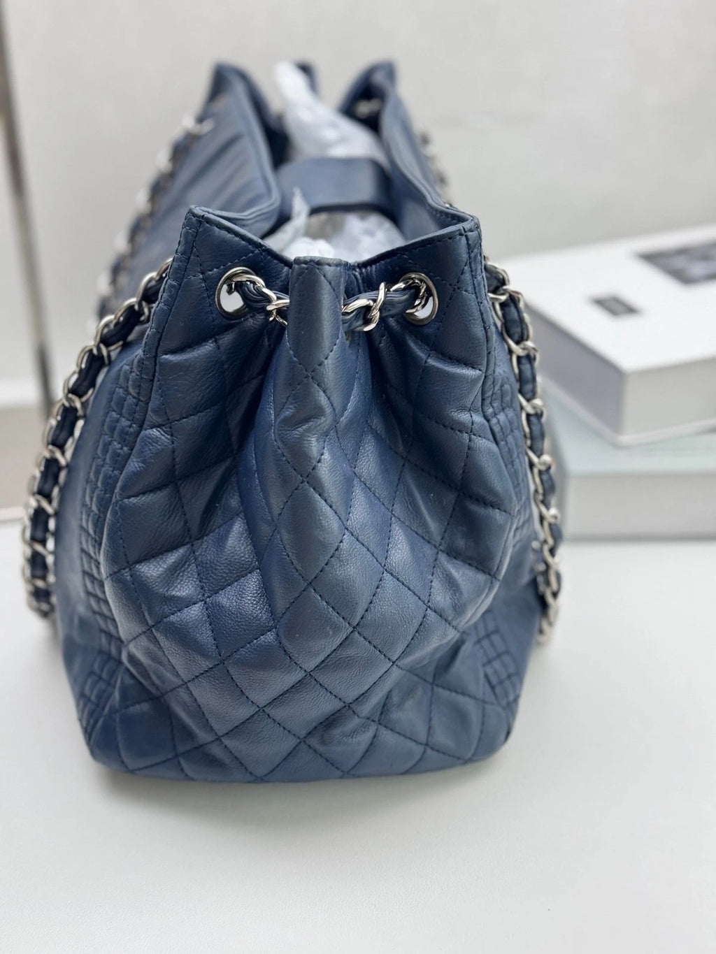 Authentic Chanel CC Logo Silver Chain Blue Tote Shoulder Bag