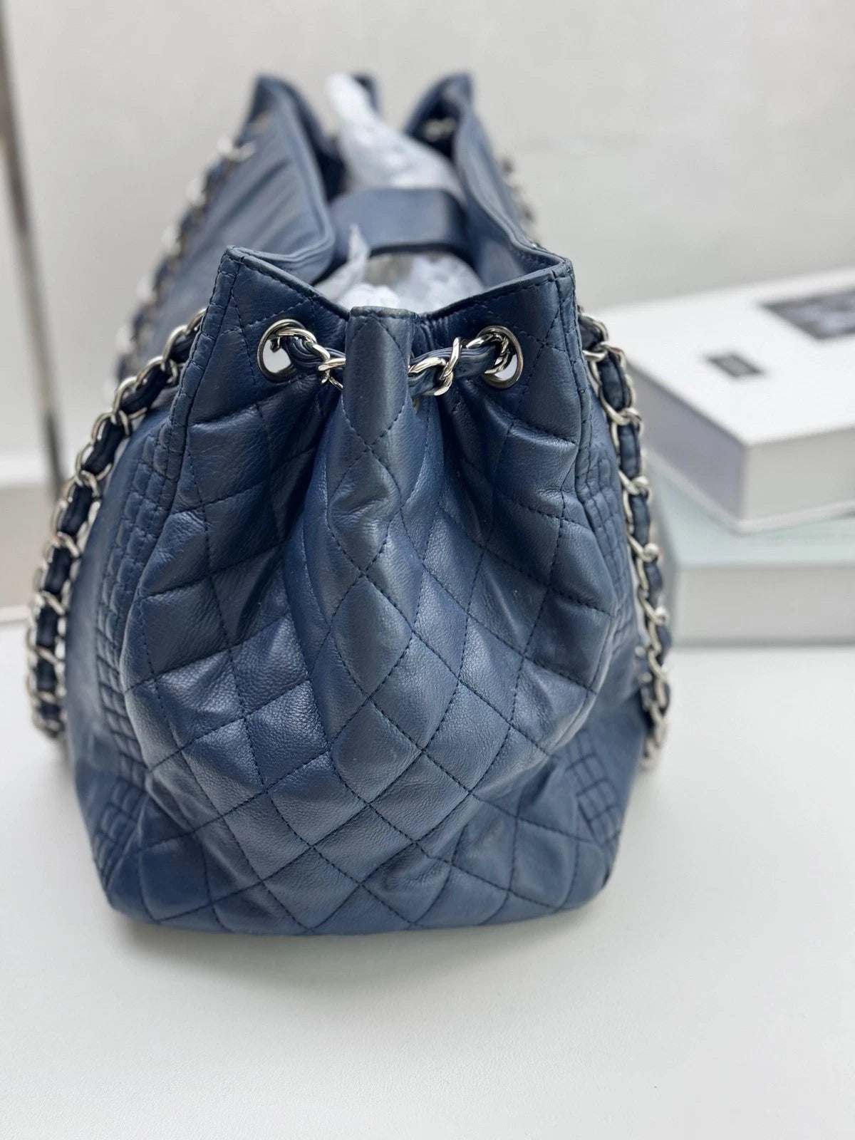 Authentic Chanel CC Logo Silver Chain Blue Tote Shoulder Bag
