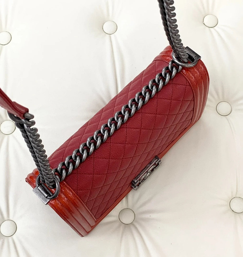 Chanel Leboy MM Calfskin Patent Chain Shoulder Bag Crossbody Red Women S