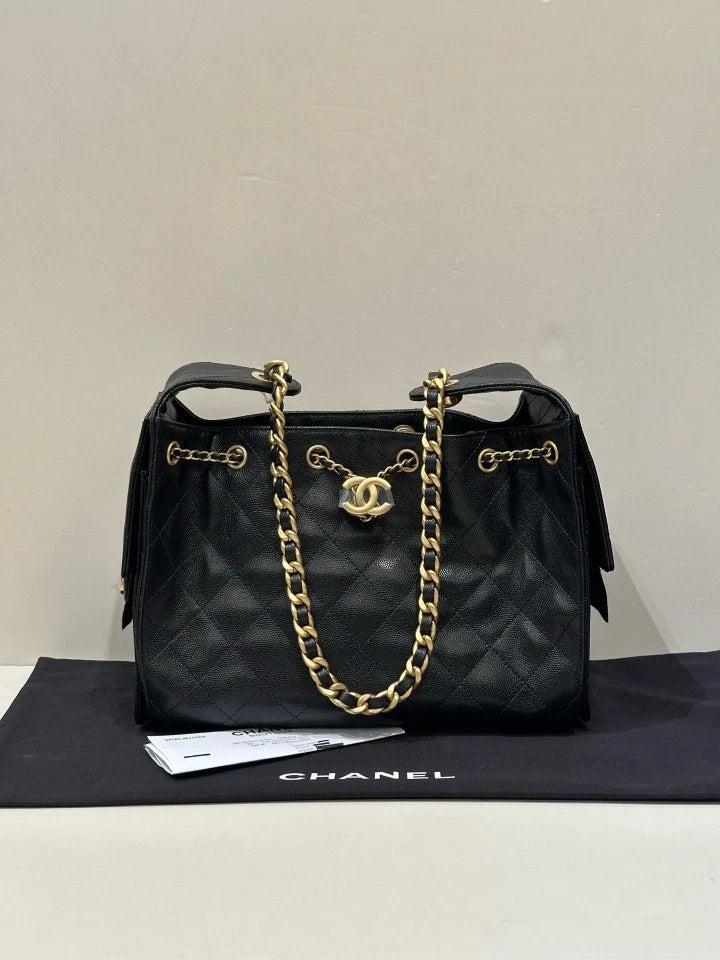 CHANEL 25bag Small Black Gold Tote Shoulder Bag For Women