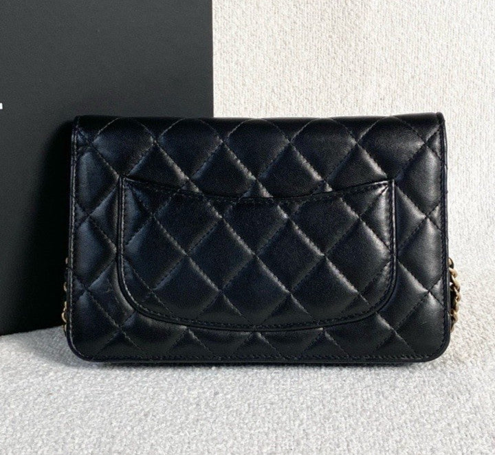 Chanel WOC Lambskin Chain Shoulder Bag Crossbody Black Gold Women Classic
