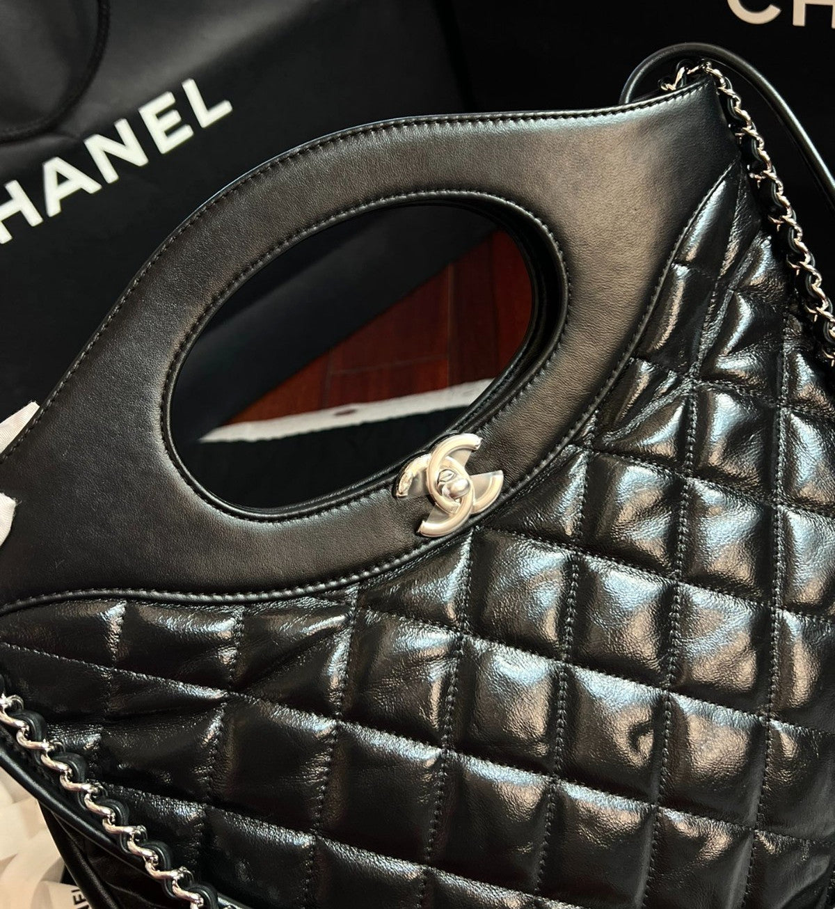 Chanel 31Bag PM Top Handle Chain Shoulder Crossbody Black Silver Diamond Women