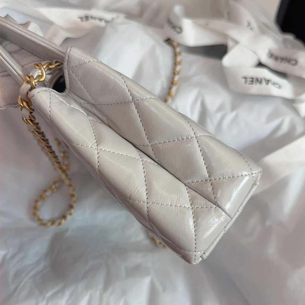 Chanel Kelly Diamond Chain Top Handle Crossbody Gray Gold Women Classic Fashion