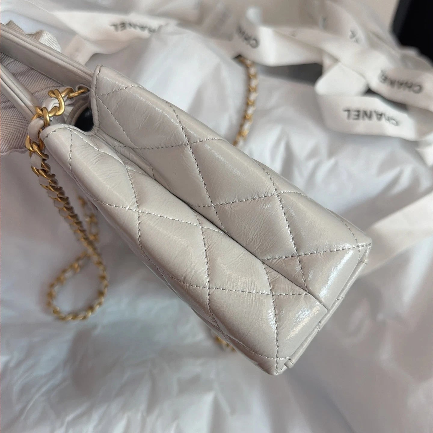 Chanel Kelly Diamond Chain Top Handle Crossbody Gray Gold Women Classic Fashion