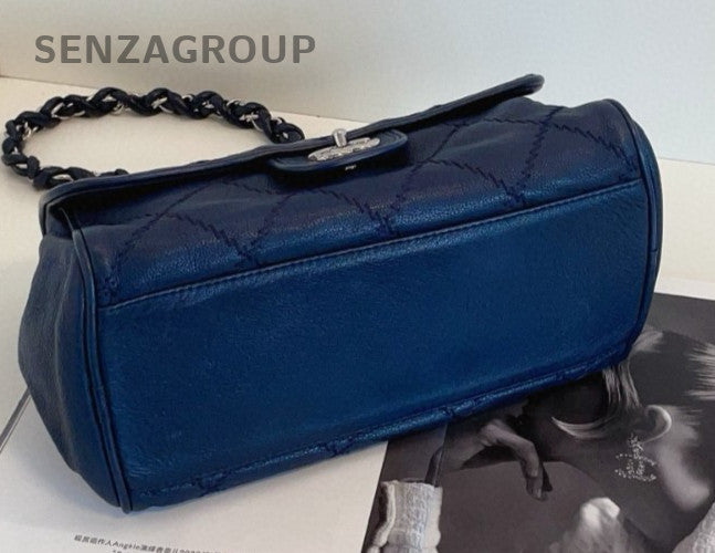 Chanel Classic Flap Chain Calfskin Shoulder Bag Blue Silver Diamond Women