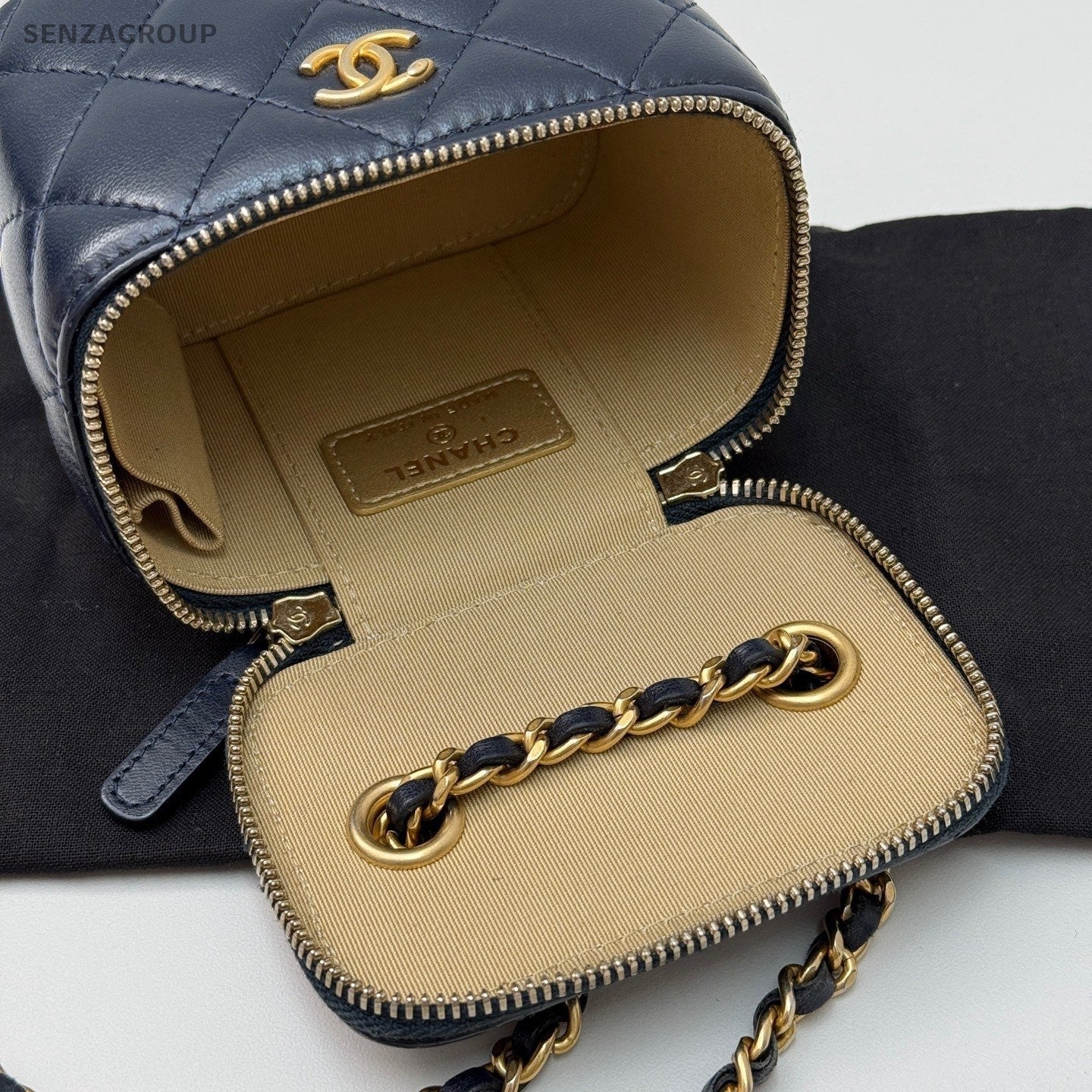 CHANEL Vanity Box mini Diamond Pattern Chain Shoulder bag Navy Blue Gold Women