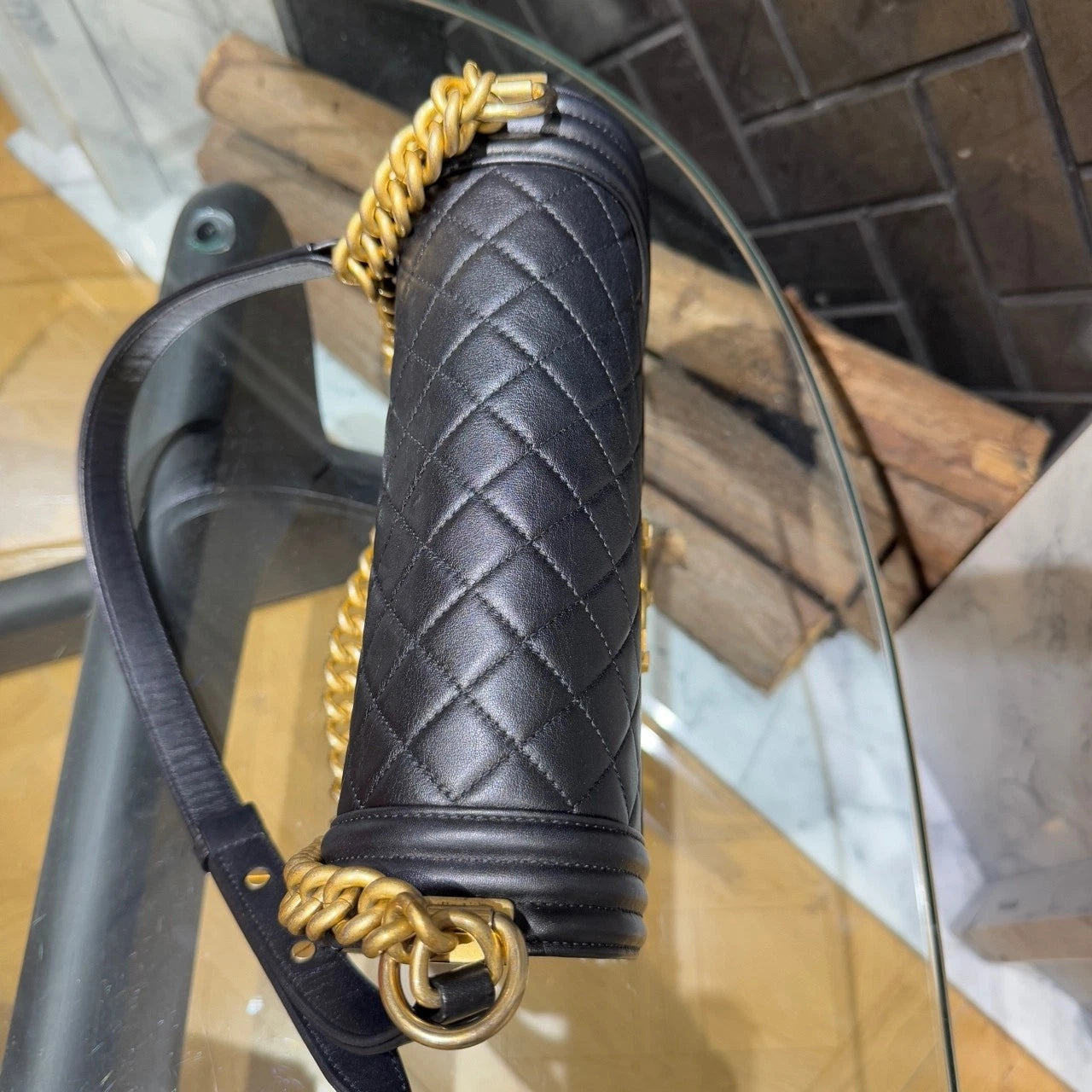 CHANEL Leboy Medium Lambskin Black Gold Shoulder Bag For Women