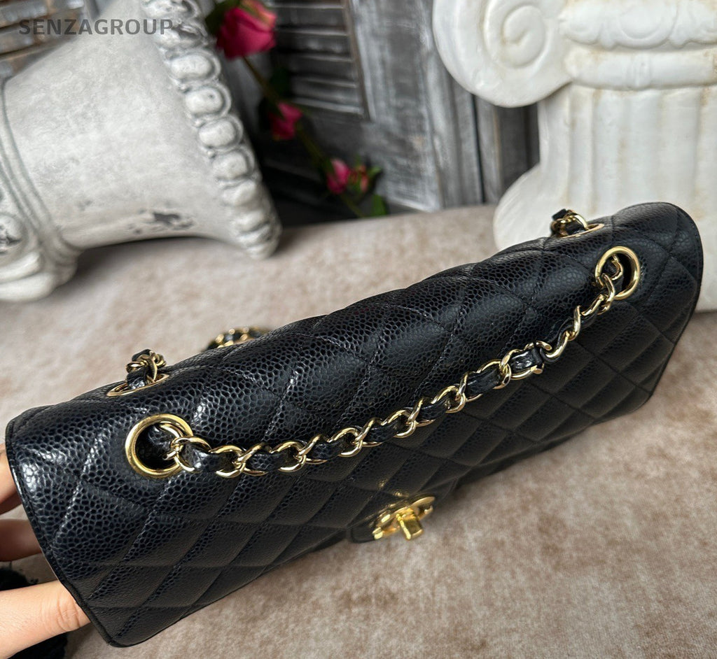 Chanel Classic Flap MM Calfskin Shoulder Bag Crossbody Black Gold Women Fashion