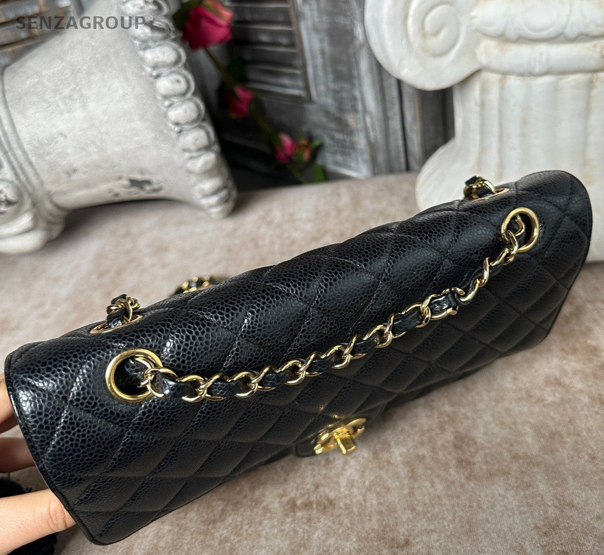 Chanel Classic Flap MM Calfskin Shoulder Bag Crossbody Black Gold Women Fashion
