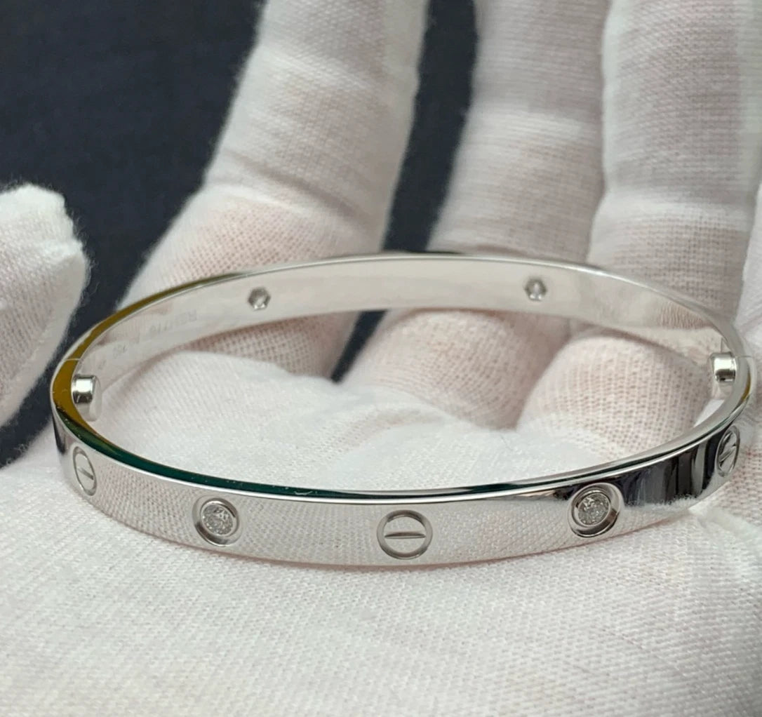 Cartier Love Classic Bangle Bracelet 4 Diamonds 18K White Gold Screw Size18
