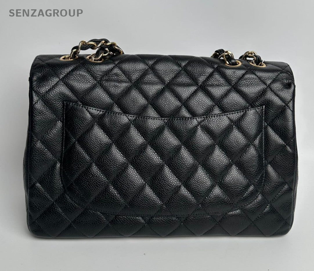 Chanel Classic Flap GM Chain Shoulder Bag Crossbody Black Gold Women Fashion