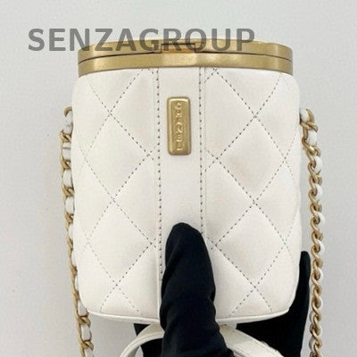 Chanel White Gold Quilted Lambskin Bucket Bag Chain Crossbody Classic