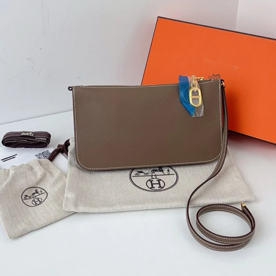 Excellent Hermes Zipengo To GO 2Way Handbag Shoulder Bag Gray Gold Hardware