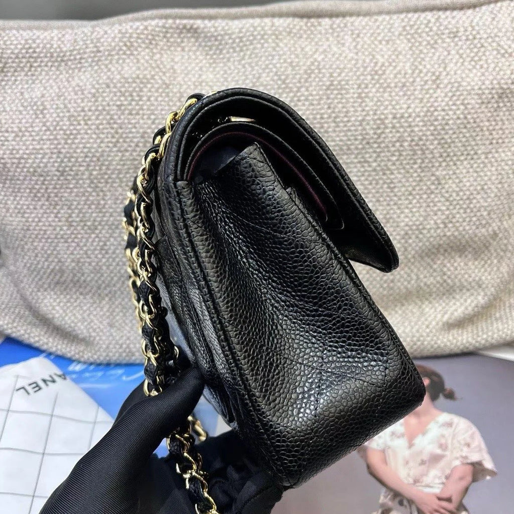 Chanel Classic Flap PM Calfskin Chain Shoulder Crossbody Black Gold Women