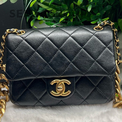 CHANEL 22P Black Gold Chain Quilted Caviar Mini Square Flap Bag
