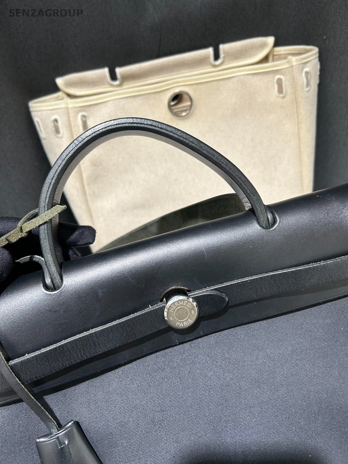 Hermes Herbag31 Top Handle Canvas Shoulder Handbag Black White Classic
