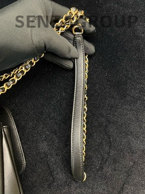 Chanel 21A Black Gold Quilted Shoulder Bag with Pearl Chain