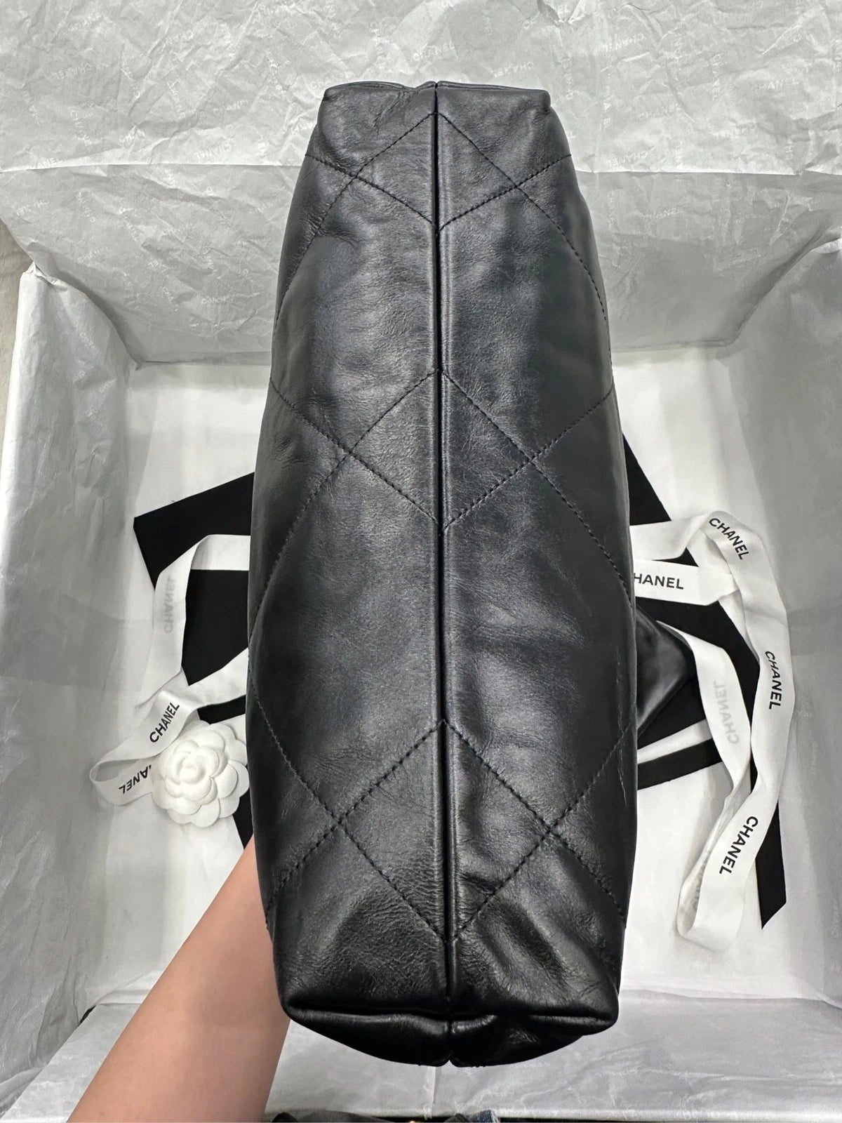 Authentic CHANEL 22Bag Small Black Silver Chain Tote Bag For Women