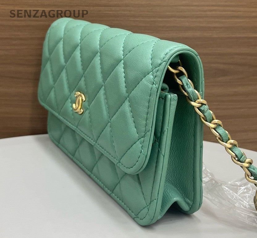 Chanel Lambskin Chain Shoulder Bag Crossbody Green Gold Women Classic Diamond