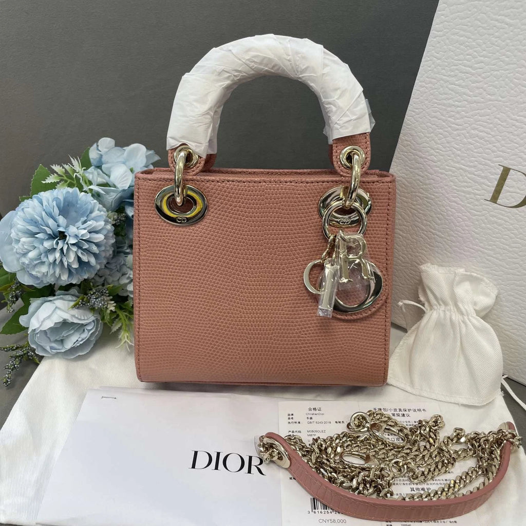 Dior Pink Lizard Leather Lady Dior Gold Hardware Top Handle Bag Women