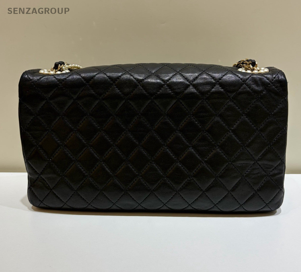Chanel Diamond Pearl Chain Shoulder Bag Black Gold Used Women Classic Fashion
