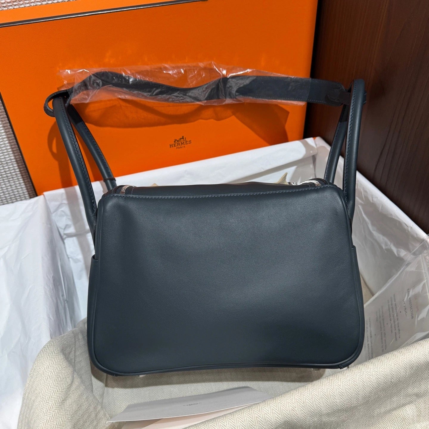 Hermes Lindy26 Top Handle Shoulder Bag Blue Silver Women Classic