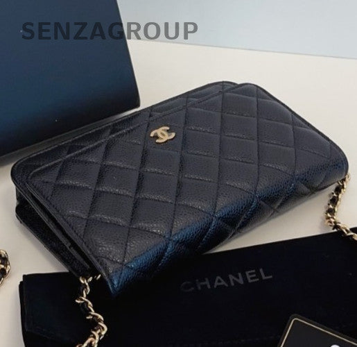 Chanel WOC Chain Shoulder Bag Crossbody Black Gold Women Diamond Classic