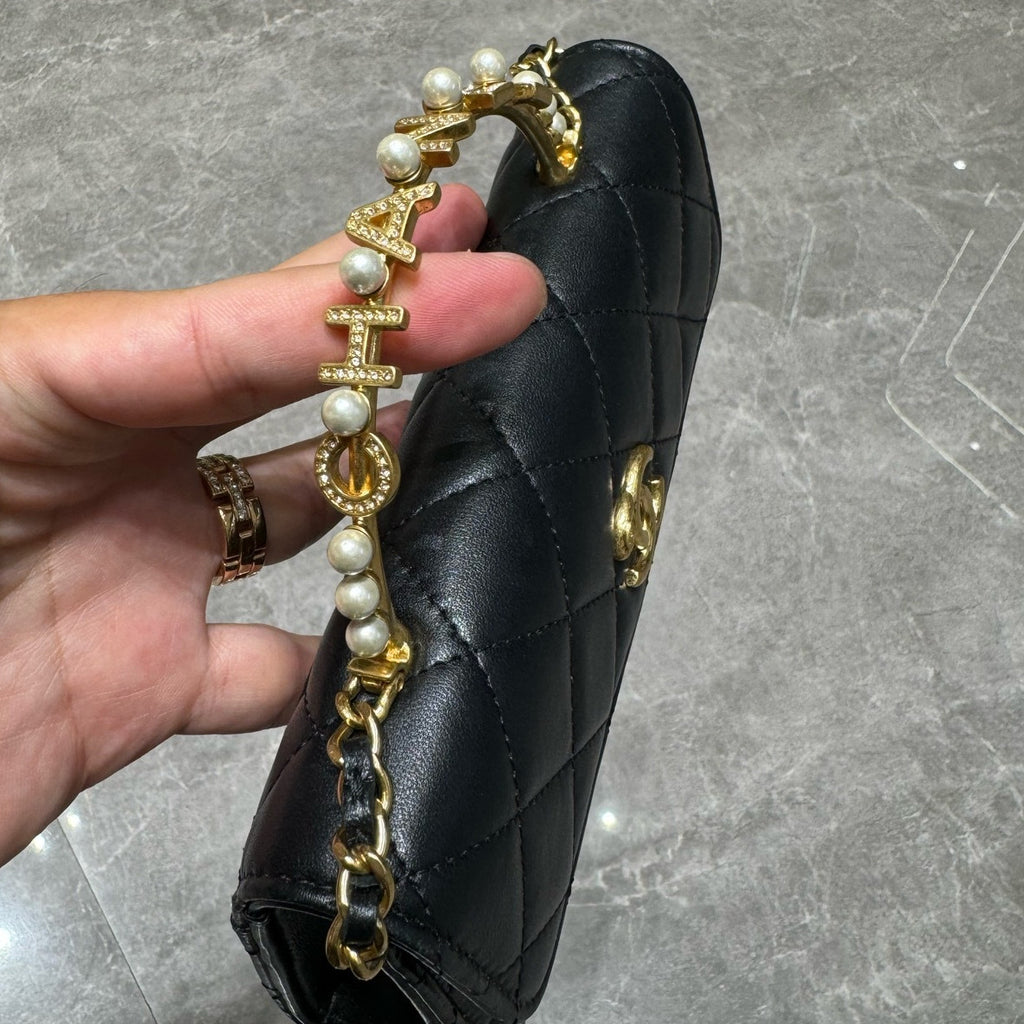 Chanel Quilted Black Gold Pearl Handle Kelly Bag for Women