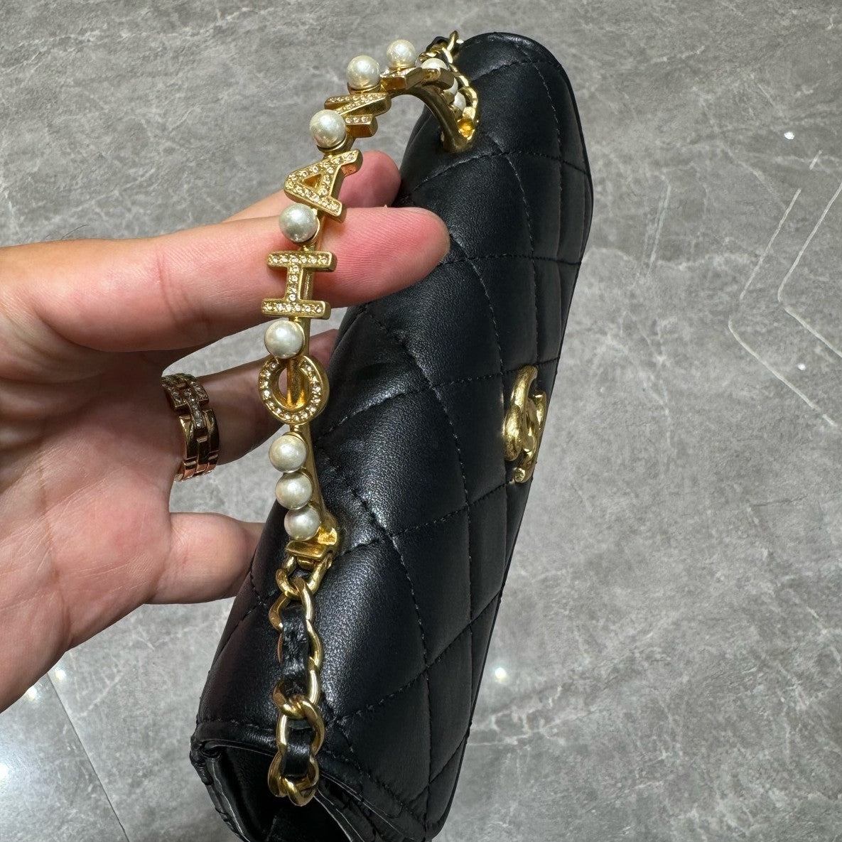 Chanel Quilted Black Gold Pearl Handle Kelly Bag for Women