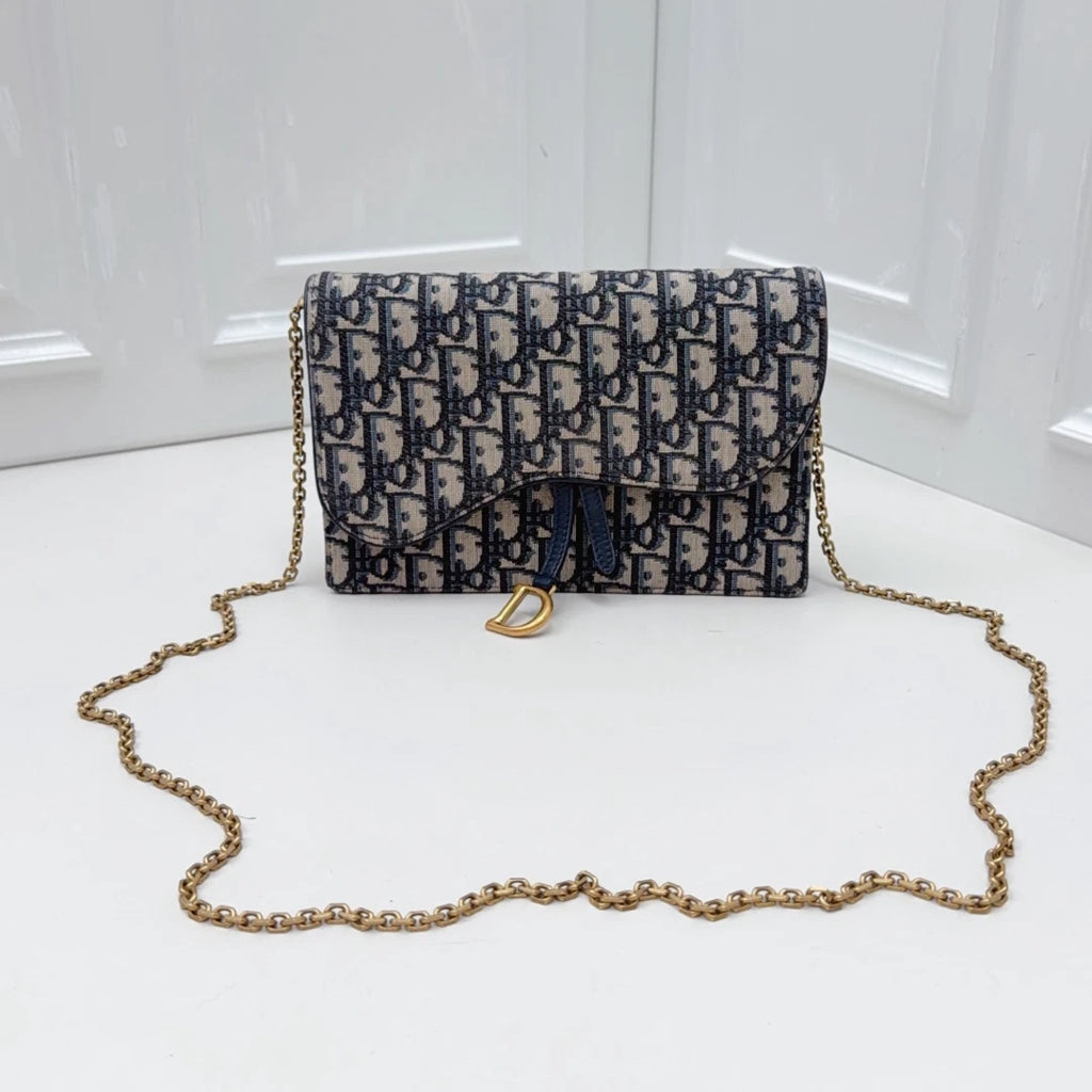 Christian Dior Woc Chain Shoulder Crossbody Bag BLUE GOLD Women Fashion