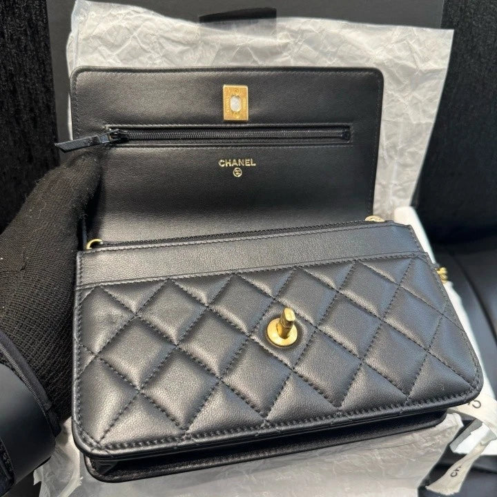 Chanel Woc Chain Lambskin Shoulder Crossbody Bag Black Gold Women D