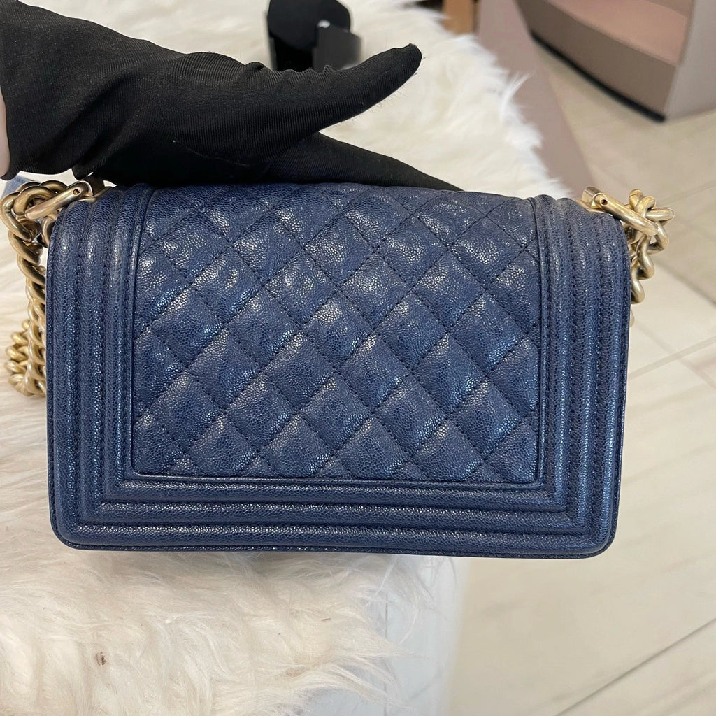 Chanel Le Boy Small Blue Gold Chain Shoulder Crossbody Bag Classic