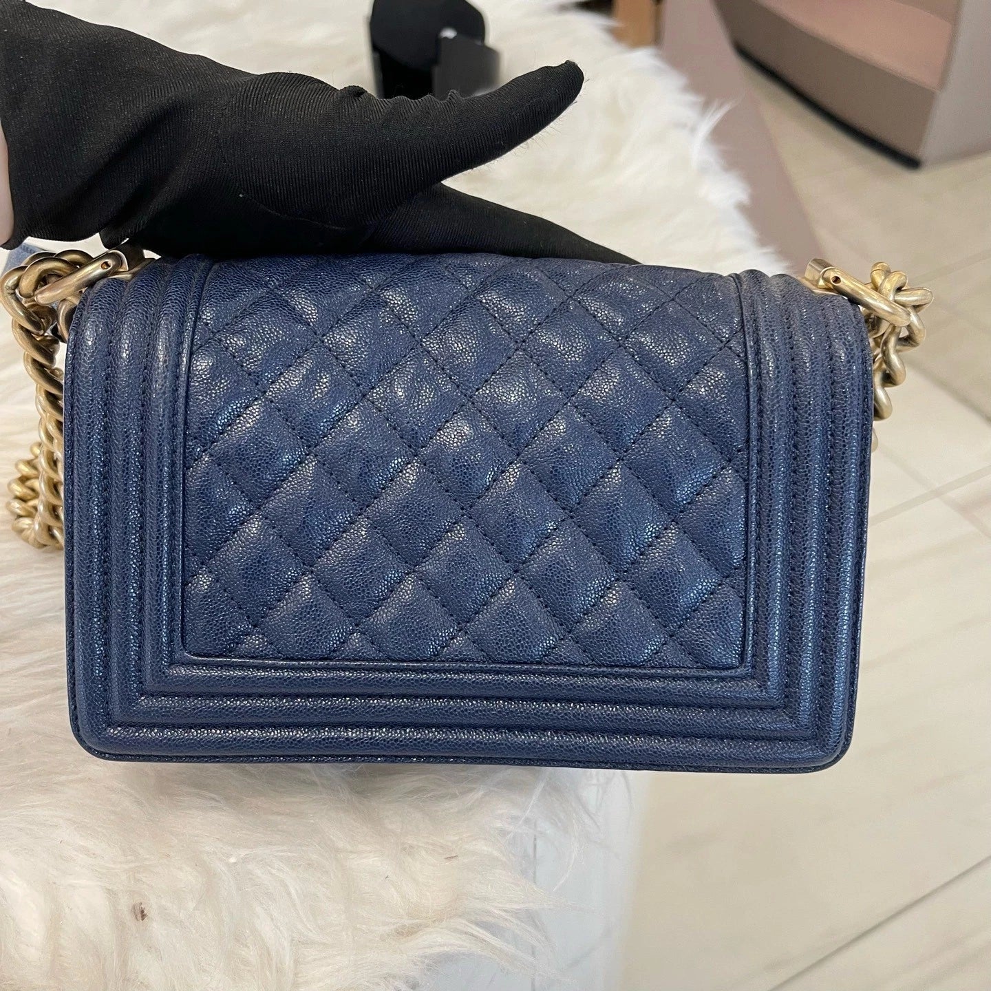 Chanel Le Boy Small Blue Gold Chain Shoulder Crossbody Bag Classic