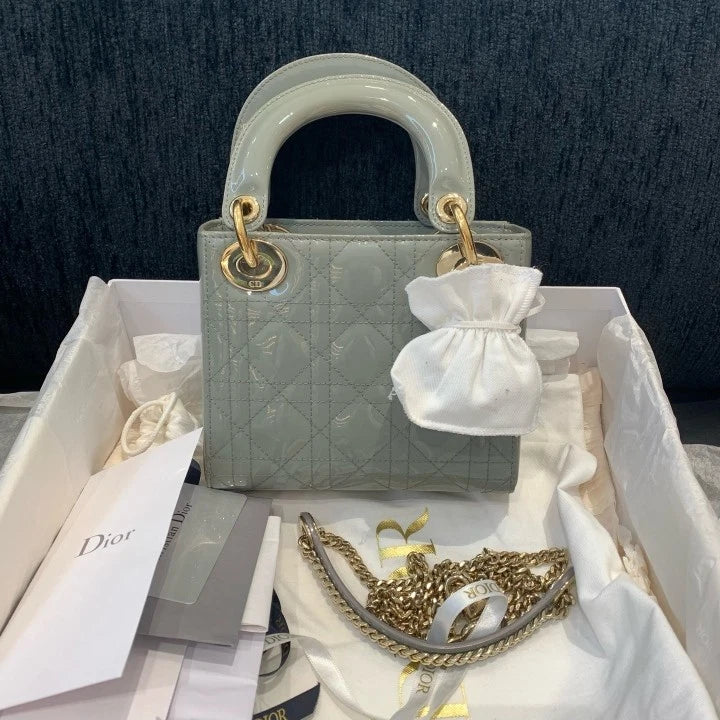 Christian Dior Lady Dior Patent Chain Crossbody Top Handle Bag Gray Gold Women D