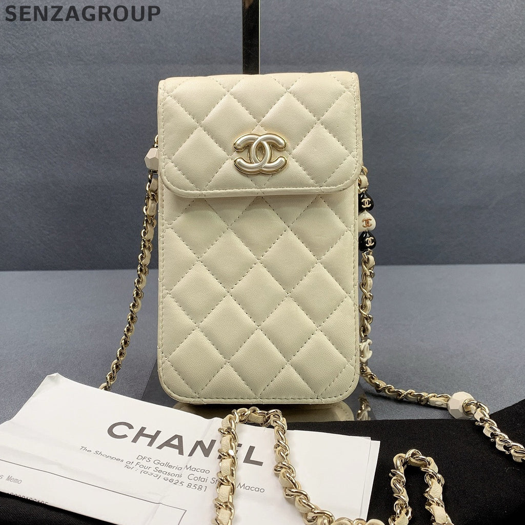 Chanel Lambskin Phone Chain Crossbody Bag White Gold Classic Fashion Women