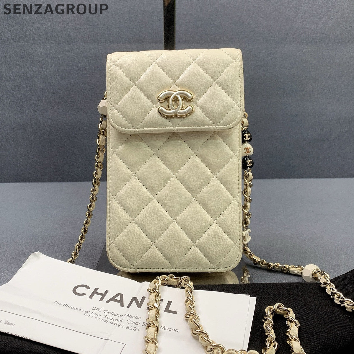 Chanel Lambskin Phone Chain Crossbody Bag White Gold Classic Fashion Women