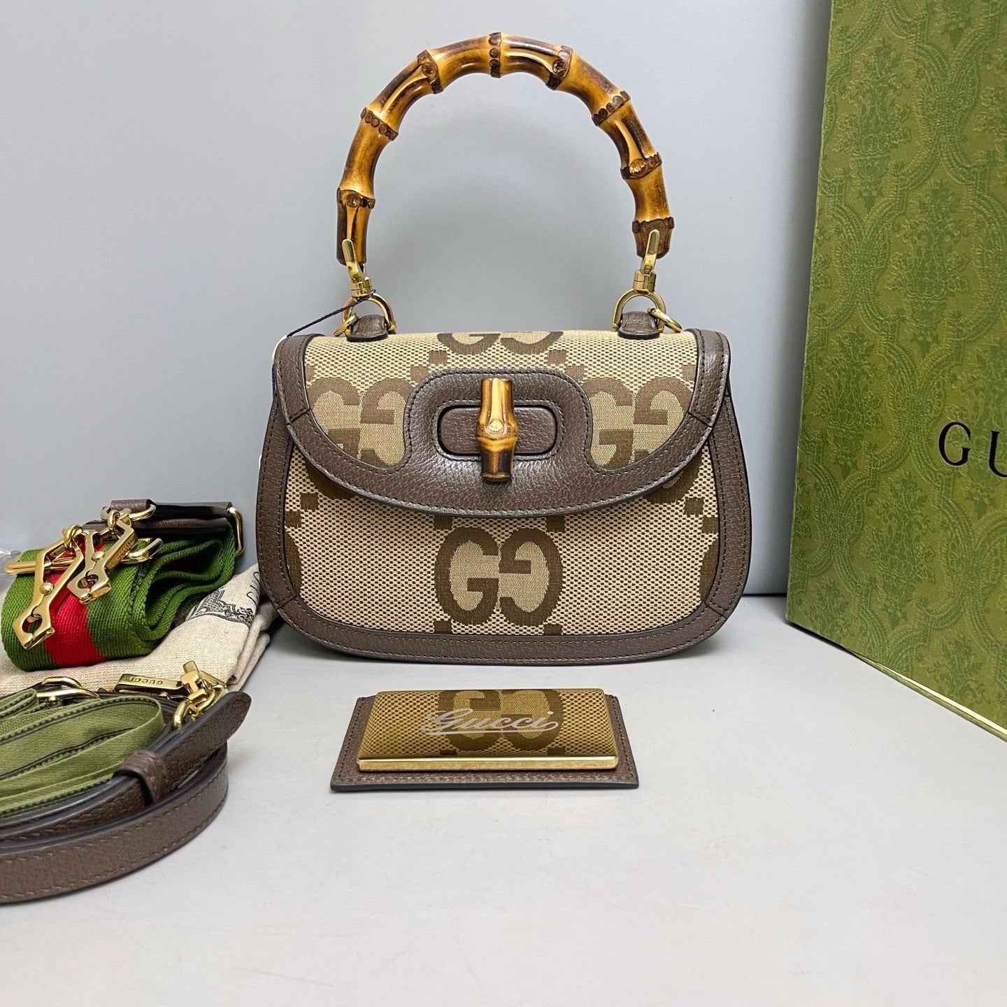 Authentic Gucci Bamboo Canvas Top Handle Crossbody Bag Brown Gold Hardware