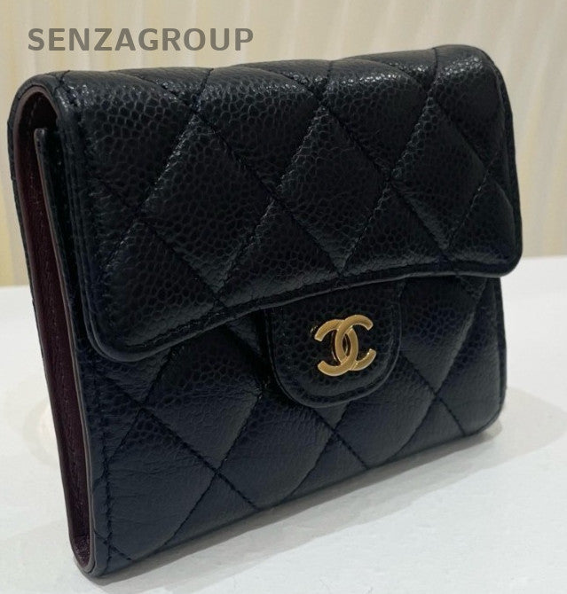 Chanel Diamond PM Calfskin Wallet Black Gold Used Women Classic