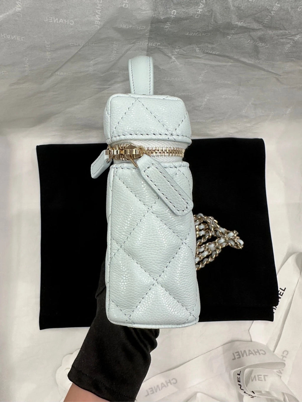 Chanel Light Blue Leather Detachable Gold Chain Lunch Box Bag For Women