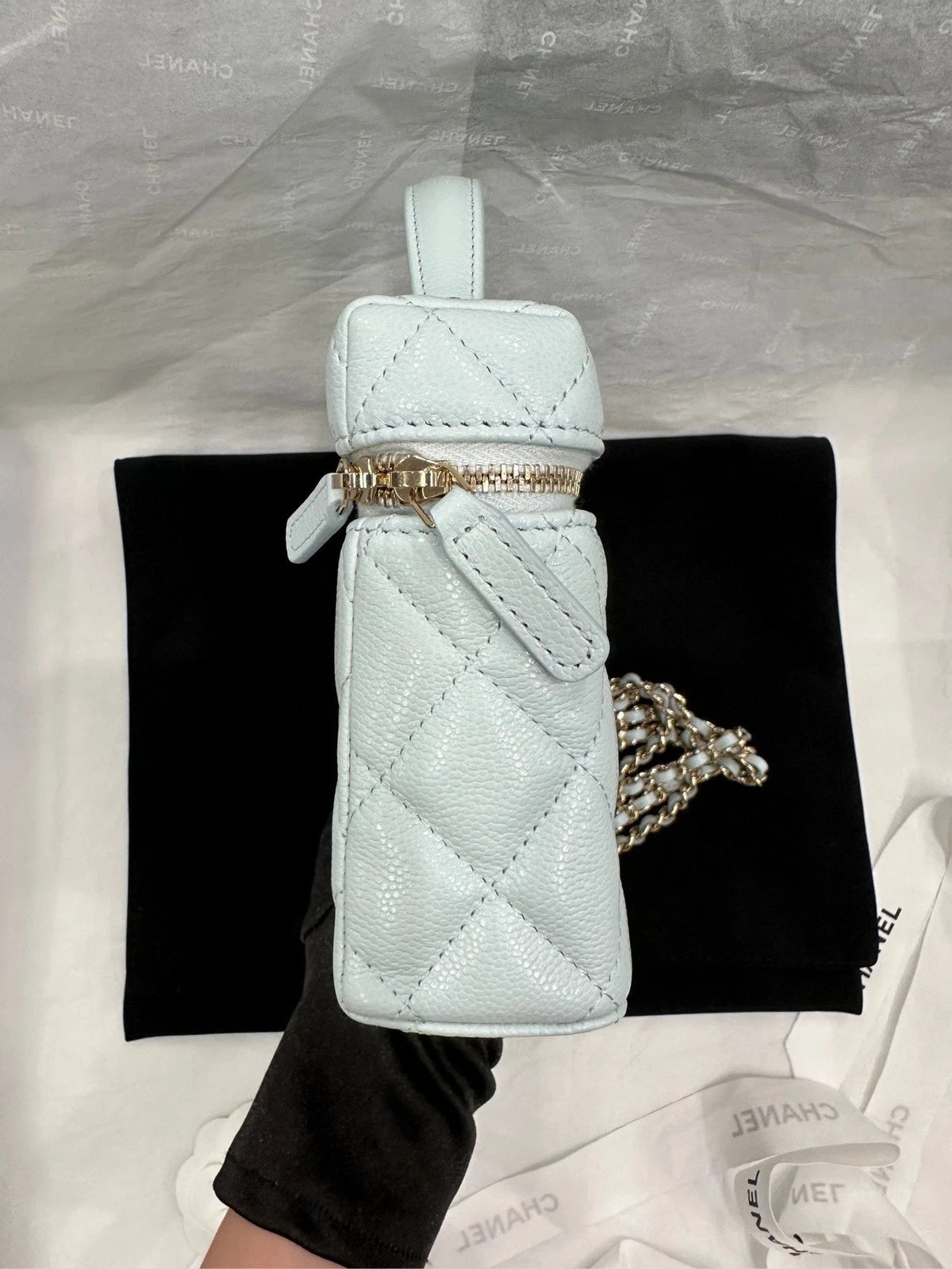 Chanel Light Blue Leather Detachable Gold Chain Lunch Box Bag For Women