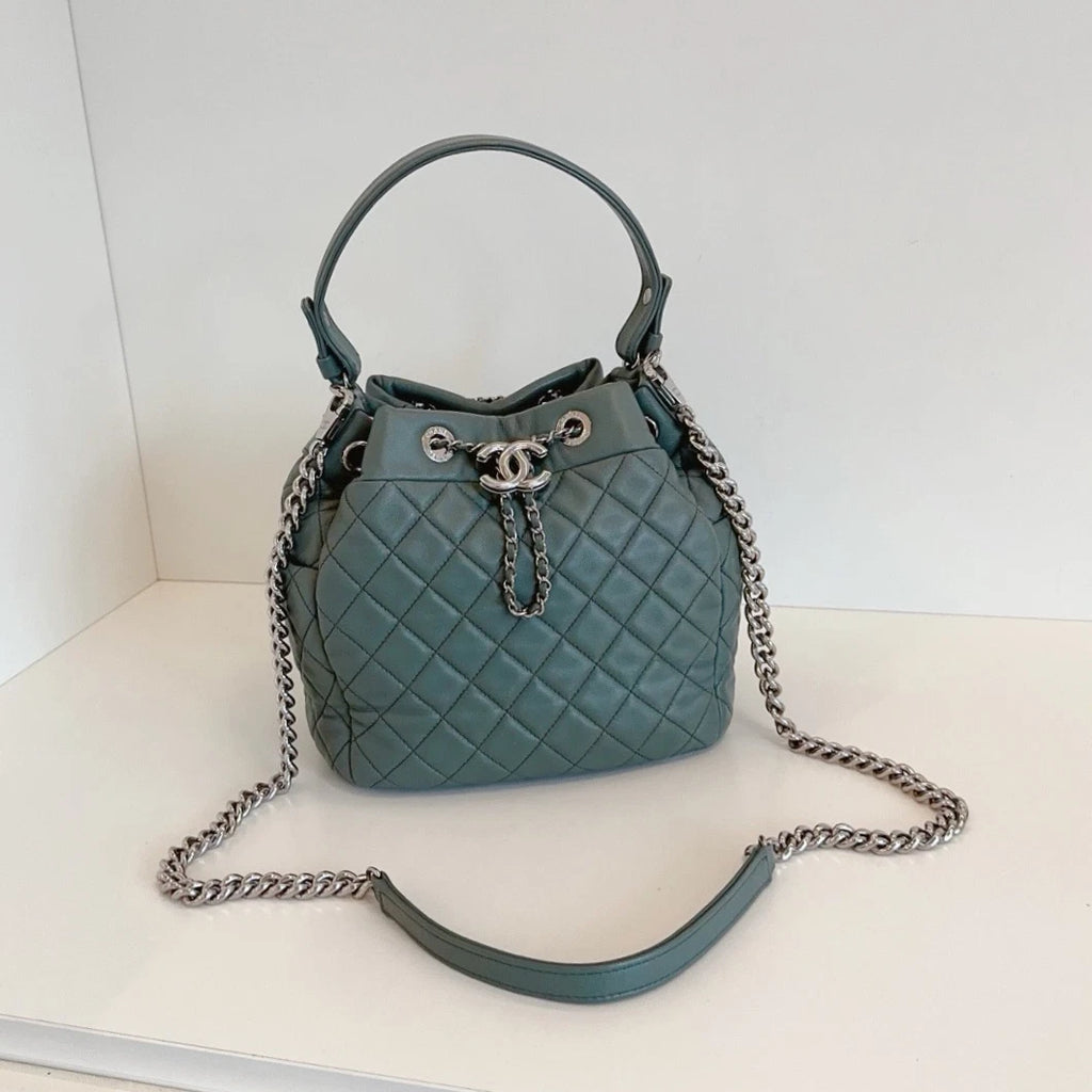 Chanel Diamond Drawstring Bucket Top Handle Shoulder Bag Green Silver Women