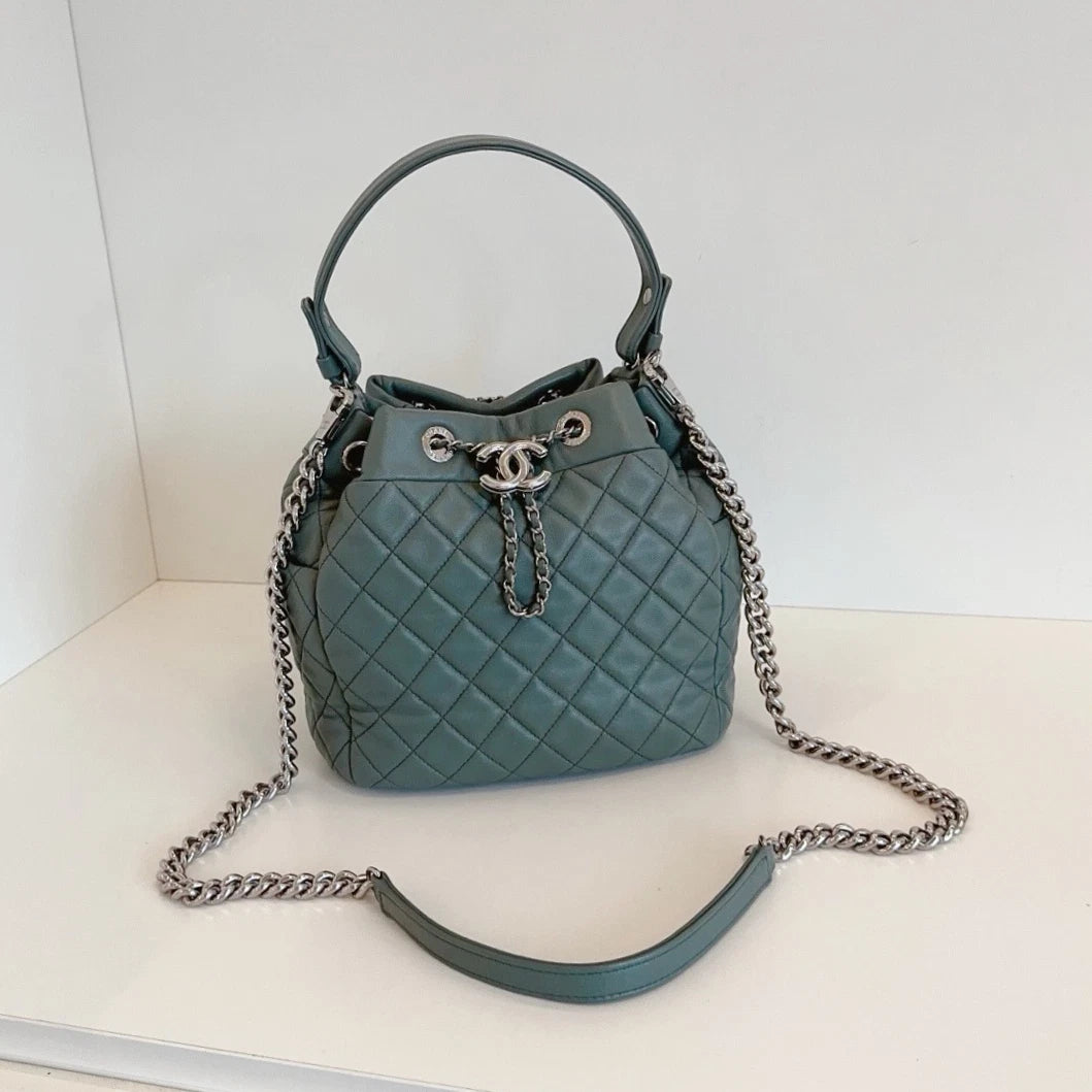 Chanel Diamond Drawstring Bucket Top Handle Shoulder Bag Green Silver Women
