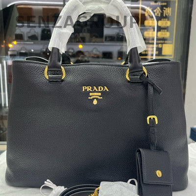 Prada Vitello Leather Black Gold Tote Shoulder Bag Classic Women