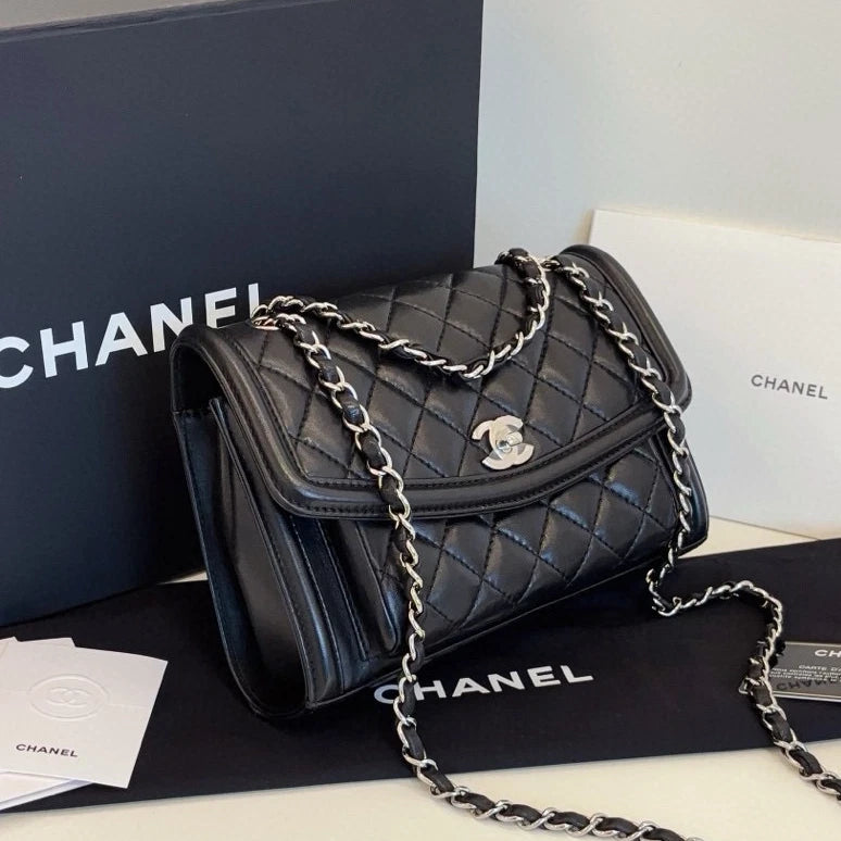 Chanel Classic Flap PM Chain Shoulder Crossbody Black Silver Diamond Women