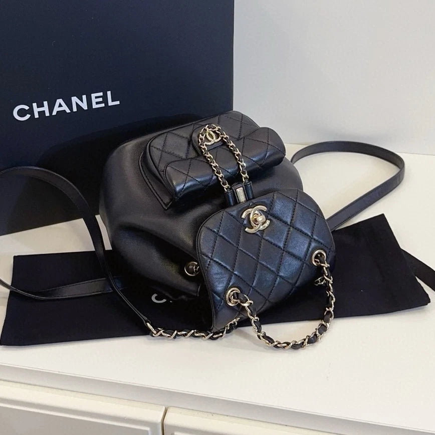 Chanel Duma Diamond Backpack Black Gold Used Women Classic
