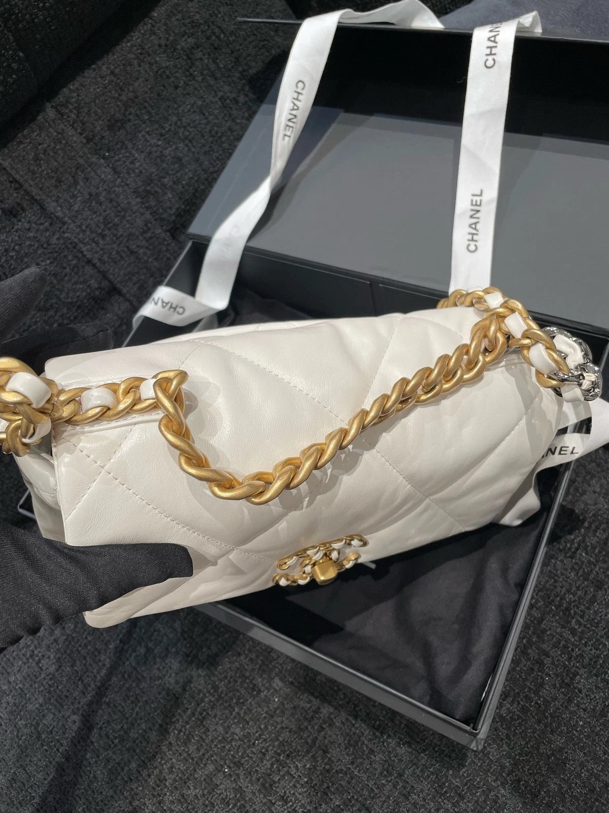 CHANEL 19 Small Calfskin White Gold Hardware Shoulder Bag For Women