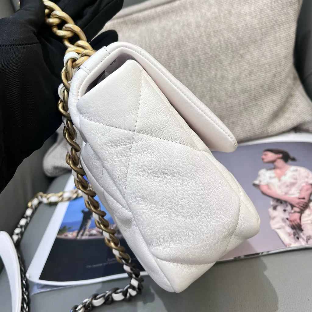 Chanel 19Bag PM Chain Top Handle Crossbody White Gold Women Classic